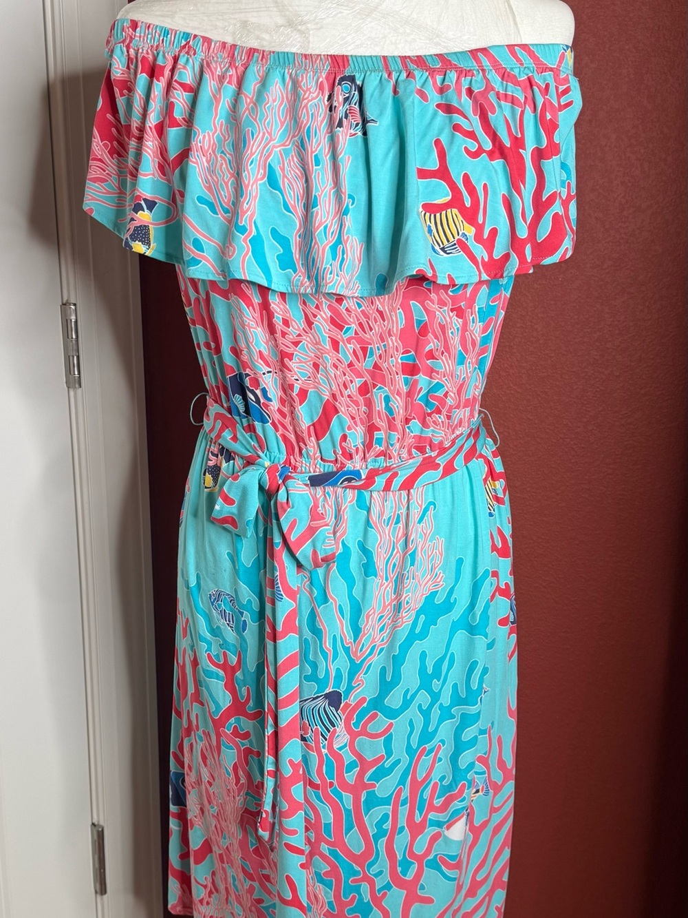 Tori Richard Turquoise & Coral Off-Shoulder Coral Reef Dress